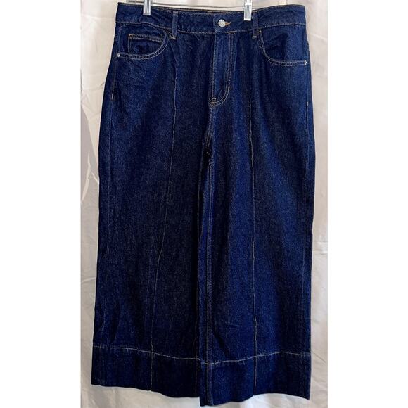 Zara Denim - ZARA Womens Size 8 Wide Leg Crop Palazzo Dark Wash Jeans Front Seam Cuff NWOT